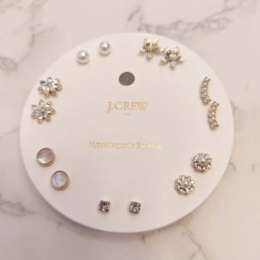 J.Crew Factory Gold and Pearl Flower Stud Earrings Set-of-Seven - Picture 2 of 5